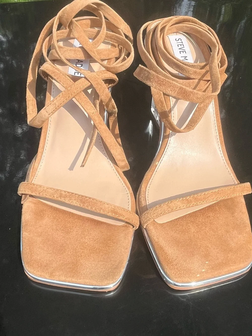 Steve Madden Elza Tan Suede Lucite Block Heel Lace Up Sandals Y2K 90s size 7